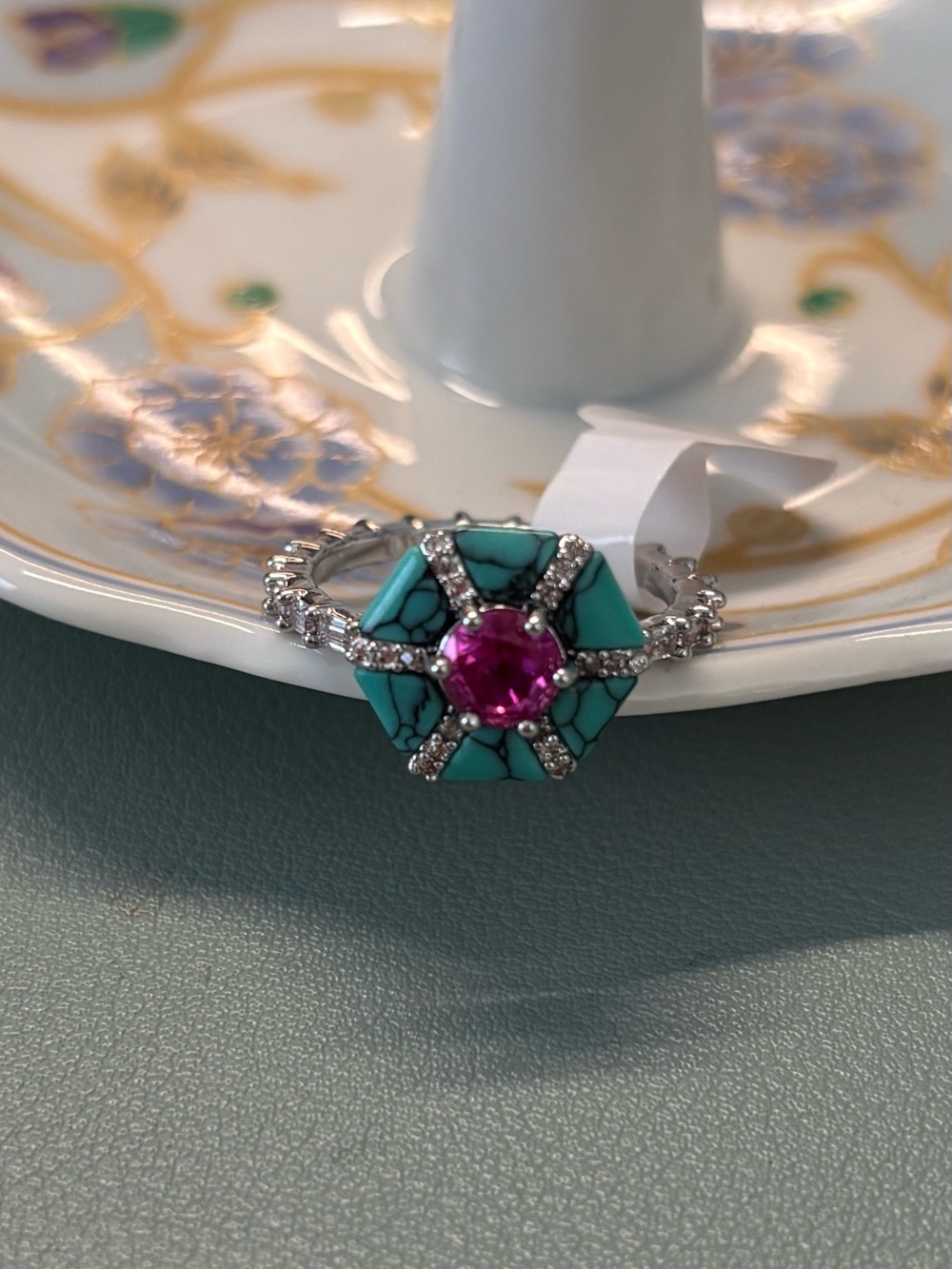 Turquoise and Pink Hexagon Statement Ring in Silver Tone